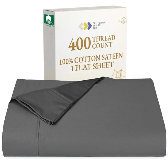 California Design Den Full Size Flat Sheet Only - 400 Thread Count 100% Cotton Sateen, Soft & Breathable - Grey