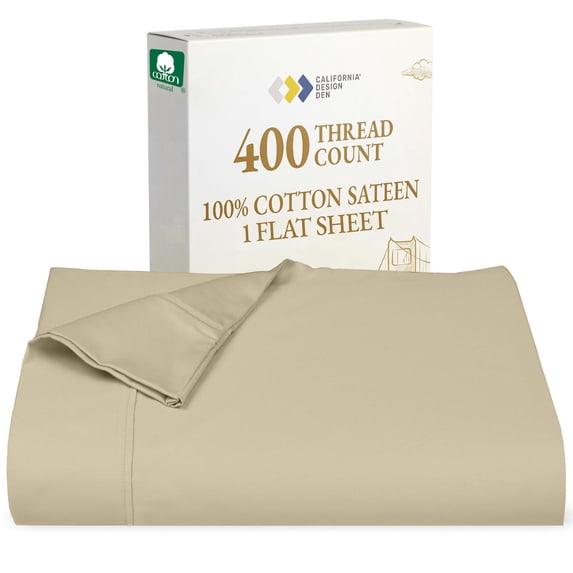 100% Cotton 400 Thread Count Flat Sheet Only |Top Sheet Only| Sateen Weave Bedsheet by California Design Den - Beige (Golden Tone)