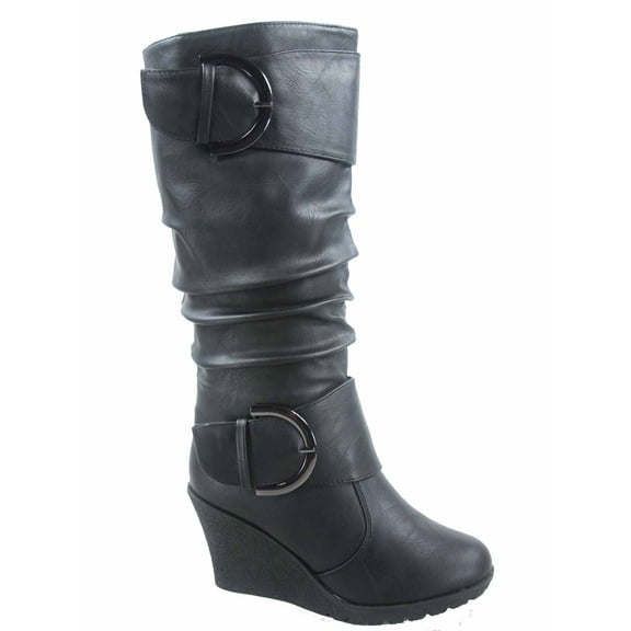 Pure-65 Women's Fashion Round Toe Slouch Large Buckle Wedge Mid Calf Boot Shoes ( Black, 10 )