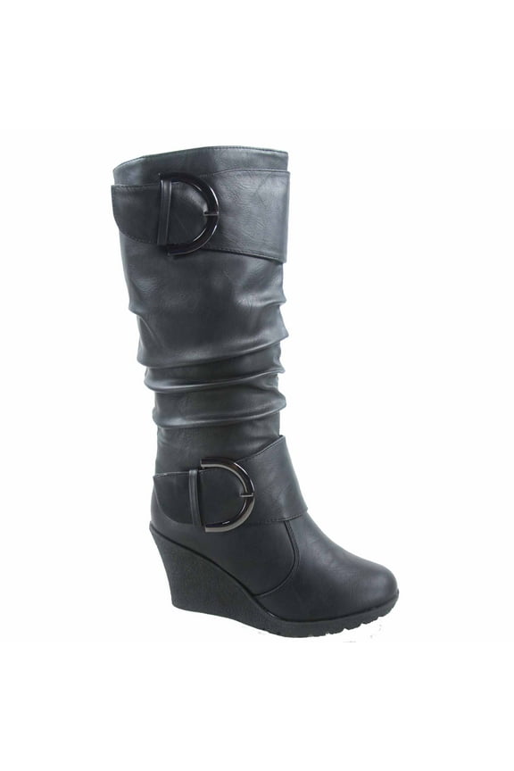 Pure-65 Women's Fashion Round Toe Slouch Large Buckle Wedge Mid Calf Boot Shoes ( Black, 11 )