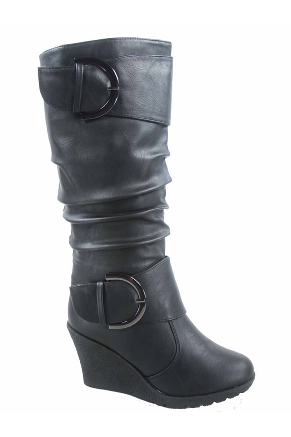 Pure-65 Women's Fashion Round Toe Slouch Large Buckle Wedge Mid Calf Boot Shoes ( Black, 5 )