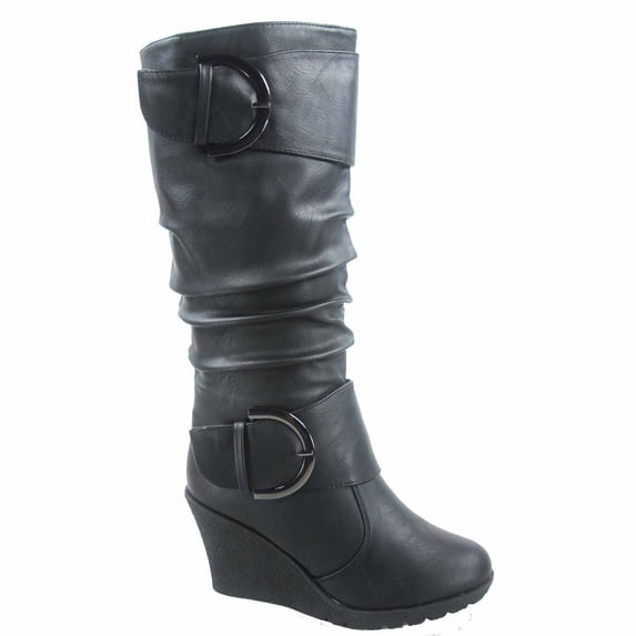 Pure-65 Women's Fashion Round Toe Slouch Large Buckle Wedge Mid Calf Boot Shoes ( Black, 7.5 )