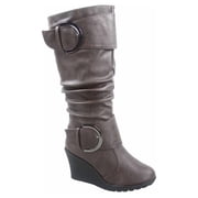 Pure-65 Women's Fashion Round Toe Slouch Large Buckle Wedge Mid Calf Boot Shoes ( Brown, 5 )