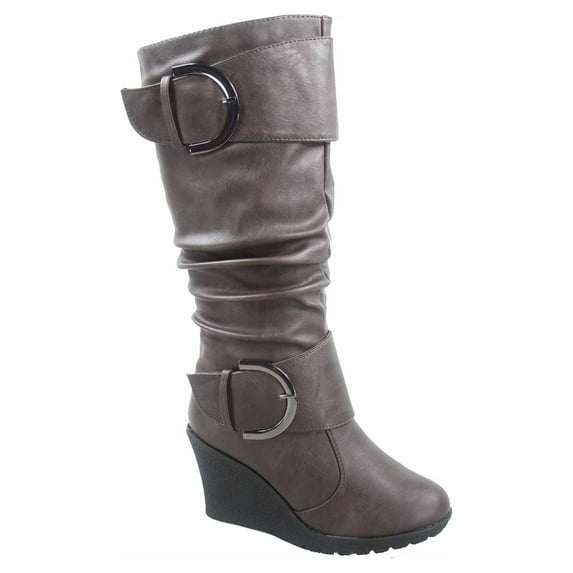 Pure-65 Women's Fashion Round Toe Slouch Large Buckle Wedge Mid Calf Boot Shoes ( Brown, 5 )