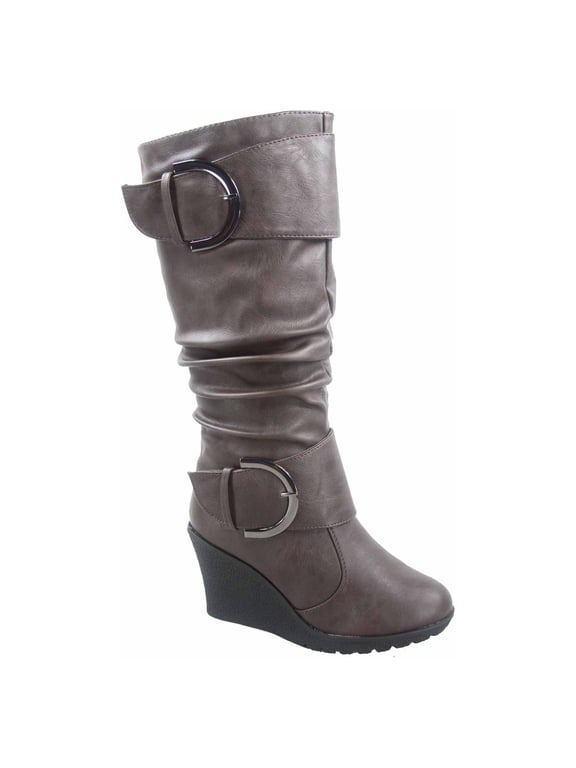 Pure-65 Women's Fashion Round Toe Slouch Large Buckle Wedge Mid Calf Boot Shoes ( Brown, 5 )