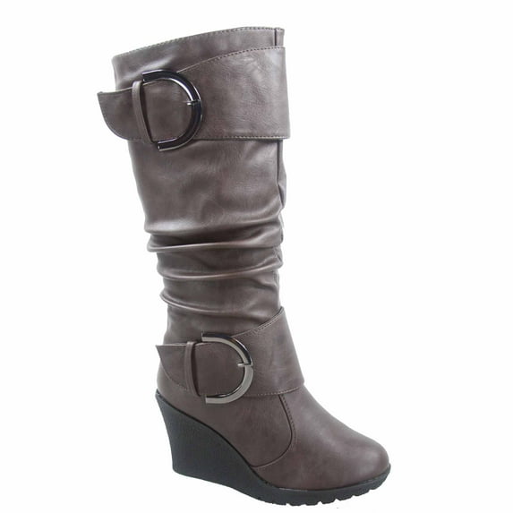 Pure-65 Women's Fashion Round Toe Slouch Large Buckle Wedge Mid Calf Boot Shoes ( Brown, 6 )