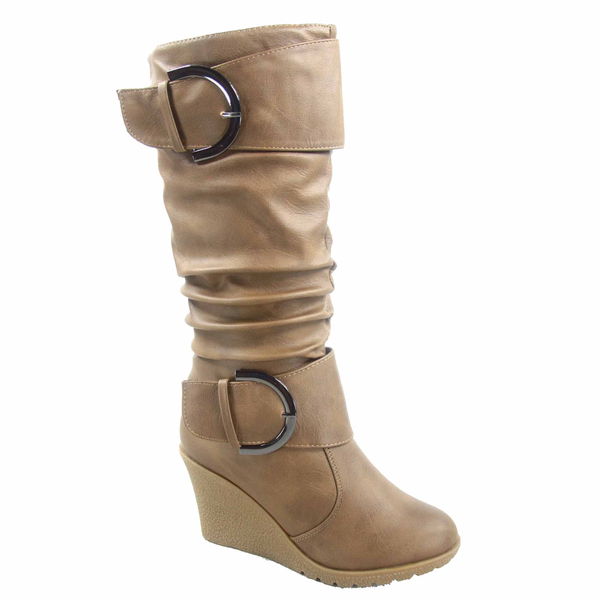 TOP Moda Women's Slouch Buckle Wedge Boot | Mid-Calf Height, Round Toe | Fashion Bootie Shoes