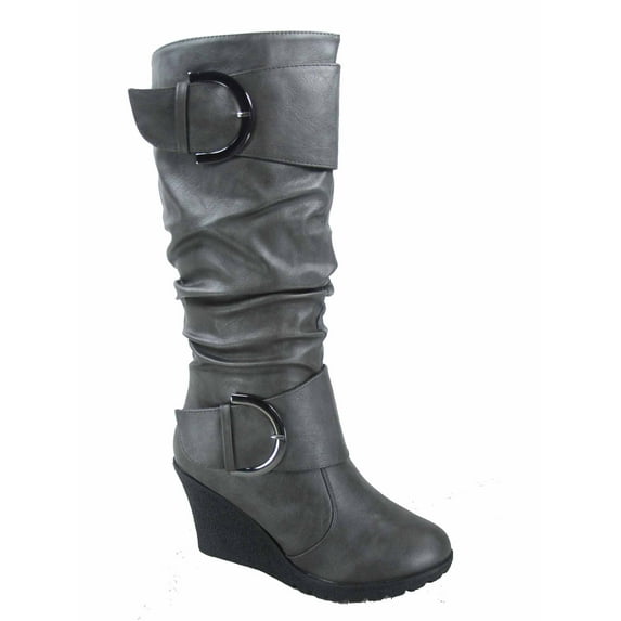 Pure-65 Women's Fashion Round Toe Slouch Large Buckle Wedge Mid Calf Boot Shoes ( Grey, 5.5 )
