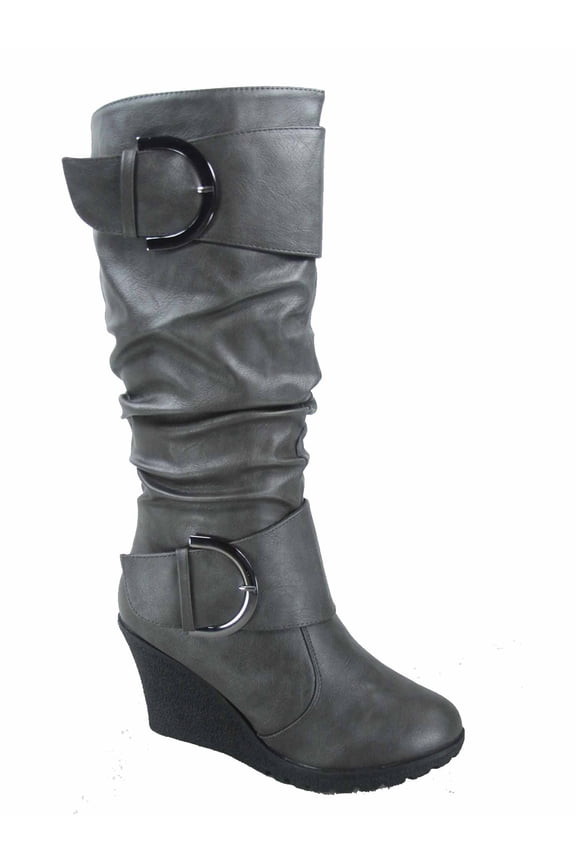 Pure-65 Women's Fashion Round Toe Slouch Large Buckle Wedge Mid Calf Boot Shoes ( Grey, 9 )