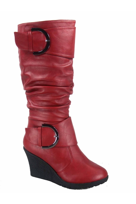 Pure-65 Women's Fashion Round Toe Slouch Large Buckle Wedge Mid Calf Boot Shoes ( Red, 8 )