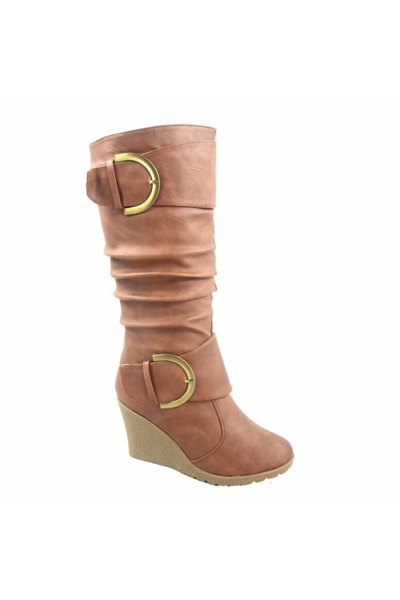 Women's Boots Round Toe Slouch Large Buckle Wedge Mid Calf, 3" Heel, Tan, 8.5