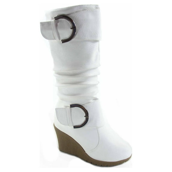 Pure-65 Women's Fashion Round Toe Slouch Large Buckle Wedge Mid Calf Boot Shoes ( White, 6 )