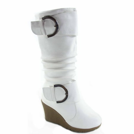 Pure-65 Women's Fashion Round Toe Slouch Large Buckle Wedge Mid Calf Boot Shoes ( White, 8.5 )