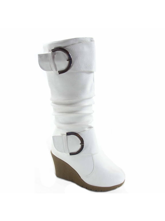 Pure-65 Women's Fashion Round Toe Slouch Large Buckle Wedge Mid Calf Boot Shoes ( White, 8.5 )