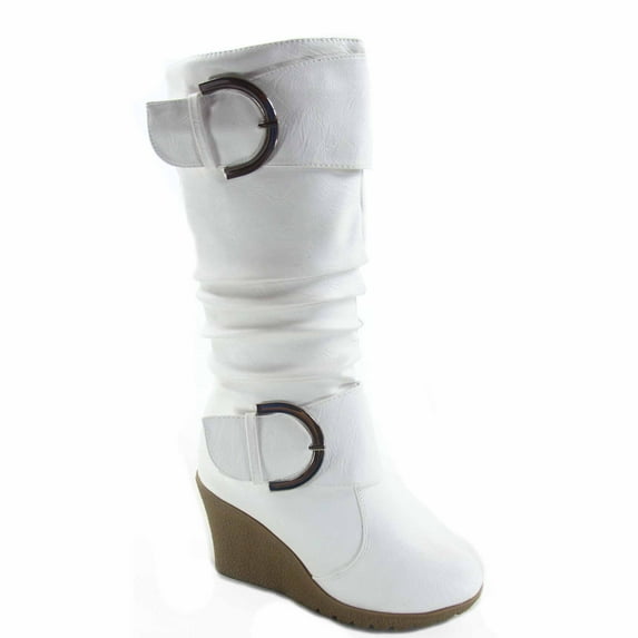 Pure-65 Women's Fashion Round Toe Slouch Large Buckle Wedge Mid Calf Boot Shoes ( White, 9 )