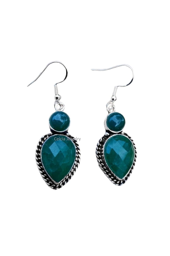 Pure 925 Sterling Silver Dangle Drop Earrings For Women, Genuine Emerald & Green Onyx Round Pear Multi Gemstone Amazing Handcrafted Earrings