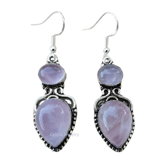 Pure 925 Sterling Silver Dangle Drop Earrings For Women, Genuine Pink Rose Quartz Multi Gemstone Beautiful October Birthstone Earrings