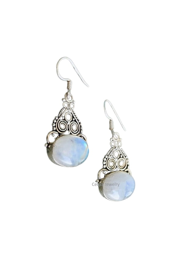 Pure 925 Sterling Silver Dangle Drop Earrings For Women, Genuine Rainbow Moonstone Oval Gemstone Amazing June Birthstone Earrings For Her