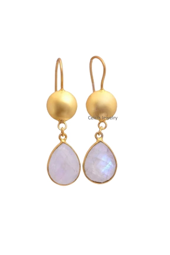 Pure 925 Sterling Silver Dangle Drop Earrings For Women, Genuine Rainbow Moonstone Unique June Birthstone Yellow Gold Vermeil Earrings