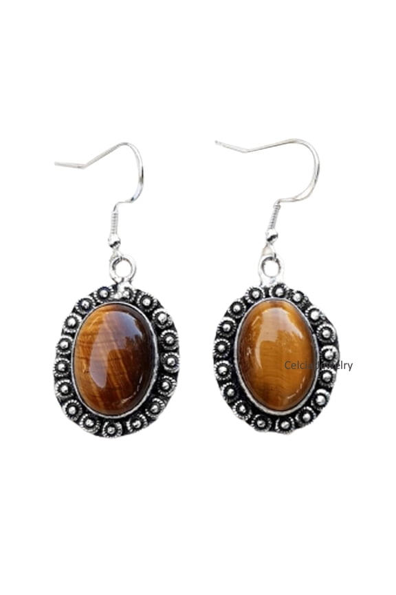 Pure 925 Sterling Silver Dangle Drop Earrings For Women, Genuine Tiger Eye Cabochon Oval Gemstone Amazing Handcrafted Earrings For Her