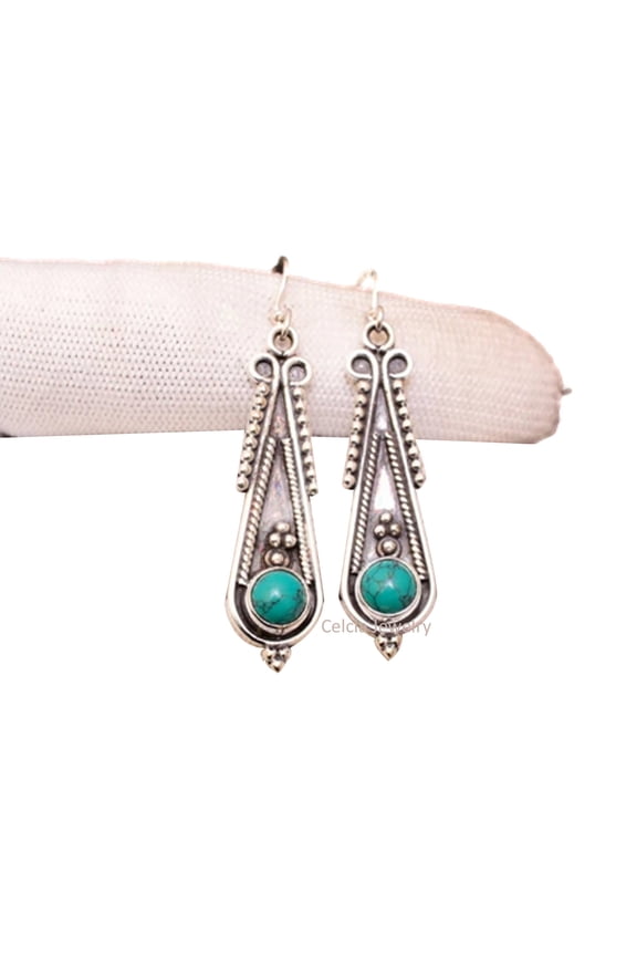 Pure 925 Sterling Silver Dangle Drop Earrings For Women, Genuine Turquoise Round Gemstone Unique Handcrafted December Birthstone Earrings