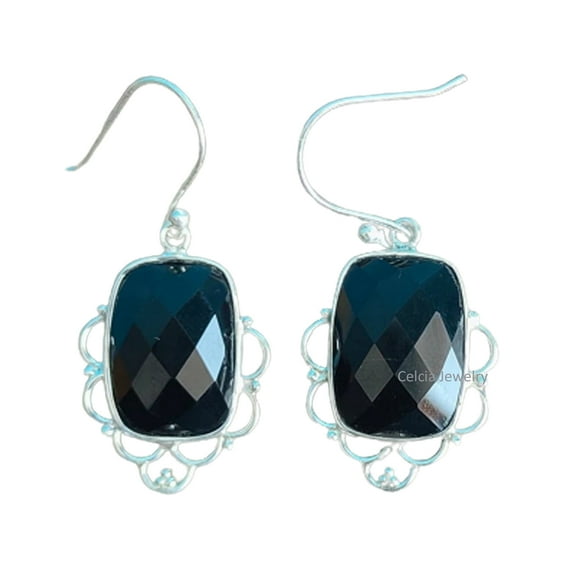 Pure 925 Sterling Silver Dangle Drop Earrings For Women, Natural Black Onyx Checker Cushion Cut Gemstone Amazing Handcrafted Gifts Earrings