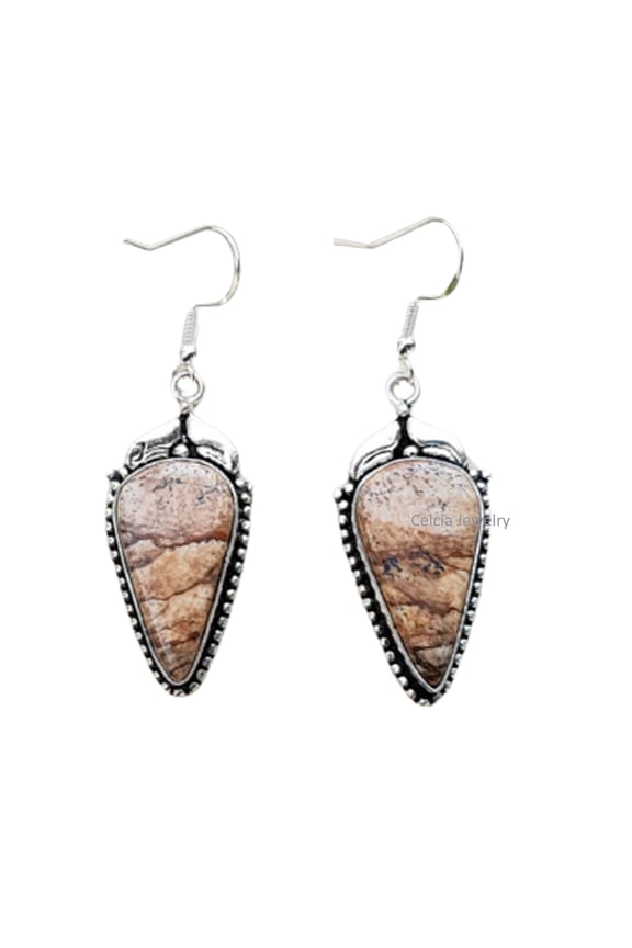 Pure 925 Sterling Silver Dangle Drop Earrings For Women, Natural Chocolate Jasper Pear Gemstone Amazing Handcrafted Designer Earrings For Her