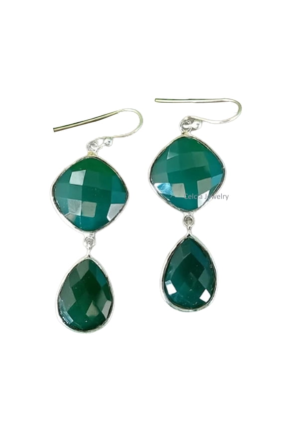 Pure 925 Sterling Silver Dangle Drop Earrings For Women, Natural Green Onyx Pear Cushion Checker Cut Gemstone Amazing Handcrafted Earrings