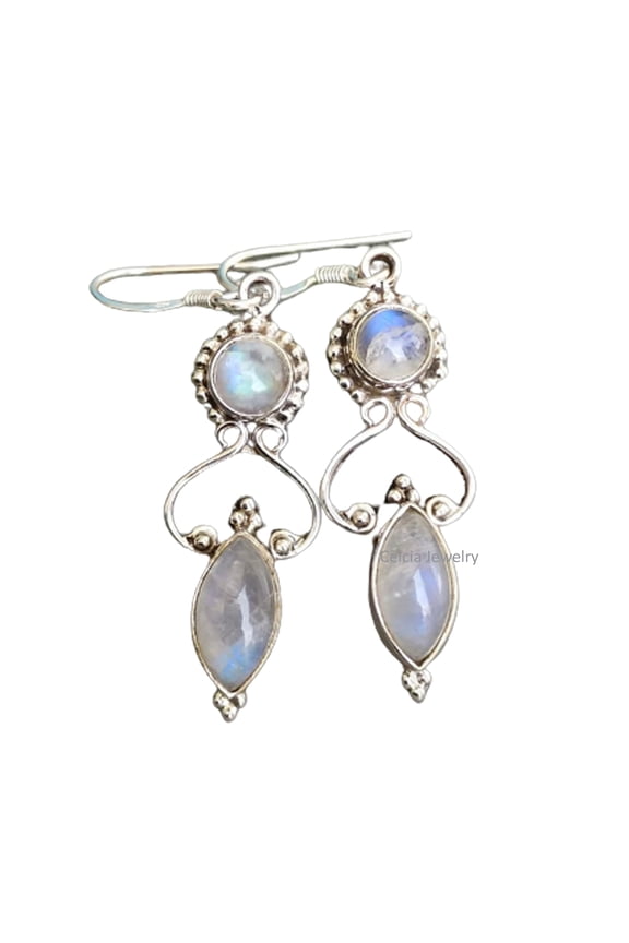 Pure 925 Sterling Silver Dangle Drop Earrings For Women, Natural Rainbow Moonstone Multiple Gemstone Amazing June Birthstone Gifts Earrings