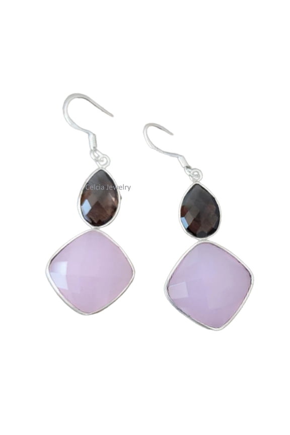 Pure 925 Sterling Silver Dangle Drop Earrings For Women, Natural Rose Quartz & Smoky Quartz Multiple Gemstone Amazing Handcrafted Jewelry