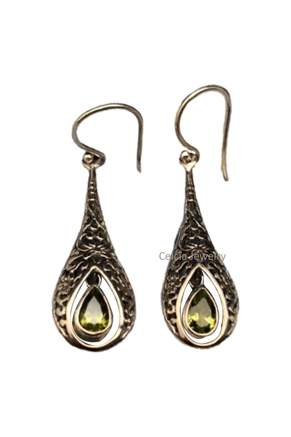 Pure 925 Sterling Silver Dangle Teardrop Earrings For Women, Peridot Genuine Pear Gemstone Amazing Handcrafted August Birthstone Earrings