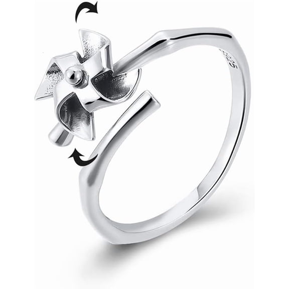 Pure 925 Sterling Silver Fidget Spinning Windmill Rings for Women Adjustable Size Statement Ring Fashion Creative Design Best Gifts Jewelry Birthday Graduation Gifts for Her