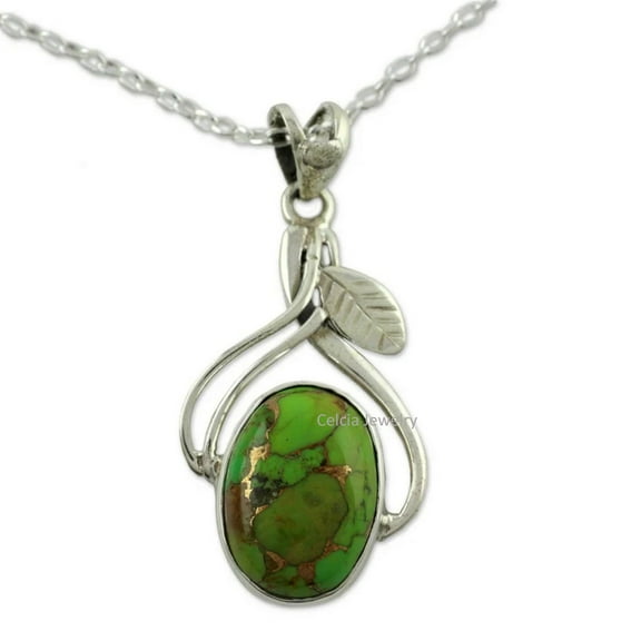 Pure 925 Sterling Silver Necklace For Women, Genuine Green Copper Turquoise Oval Gemstone Unique Handcrafted Necklace For Her