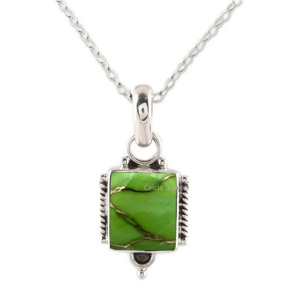 Pure 925 Sterling Silver Necklace For Women, Genuine Green Copper Turquoise Rectangle Gemstone Unique Handcrafted Necklace For Her