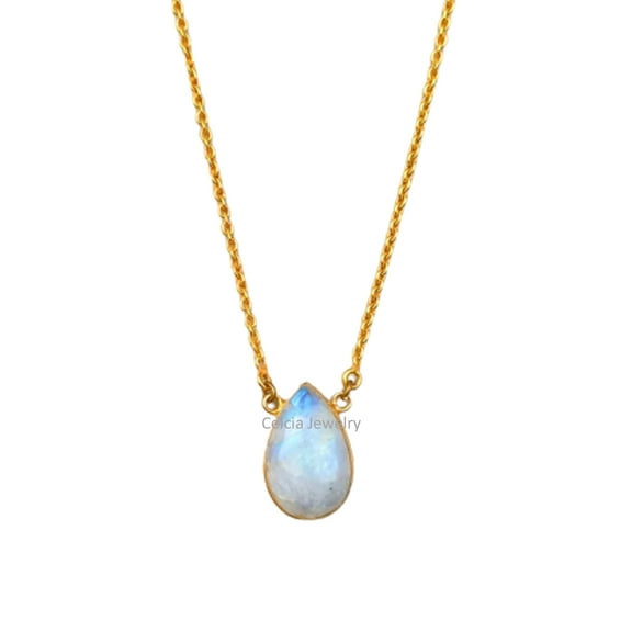 Pure 925 Sterling Silver Necklace For Women, Genuine Rainbow Moonstone Pear Gemstone Unique Yellow Gold Vermeil June Birthstone Gift