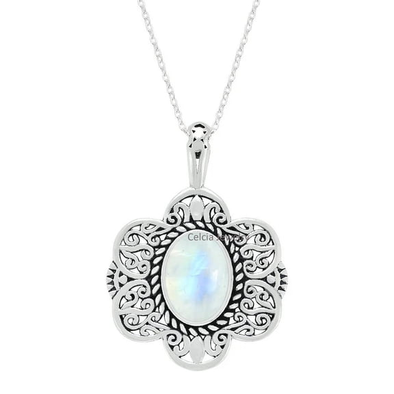 Pure 925 Sterling Silver Necklace For Women, Natural Rainbow Moonstone Oval Gemstone Amazing Handcrafted June Birthstone Necklace
