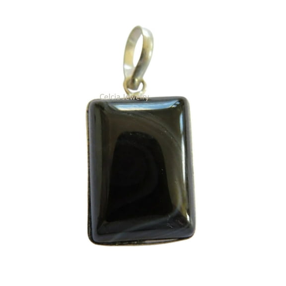 Pure 925 Sterling Silver Pendant For Men Women, Genuine Black Onyx Cabochon Rectangle Gemstone Beautiful Handcrafted Pendant For Her Him