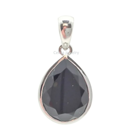 Pure 925 Sterling Silver Pendant For Men Women, Genuine Black Onyx Faceted Pear Gemstone Unique Handcrafted Pendant Gifts For Her Him