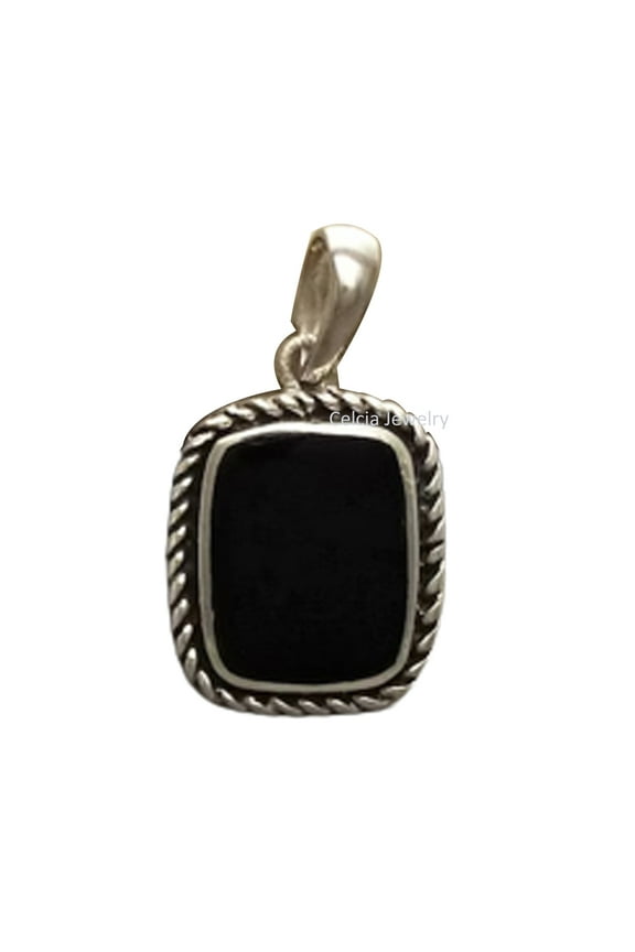 Pure 925 Sterling Silver Pendant For Men Women, Genuine Black Onyx Flat Cushion Cut Gemstone Amazing Handcrafted Jewelry For Her Him