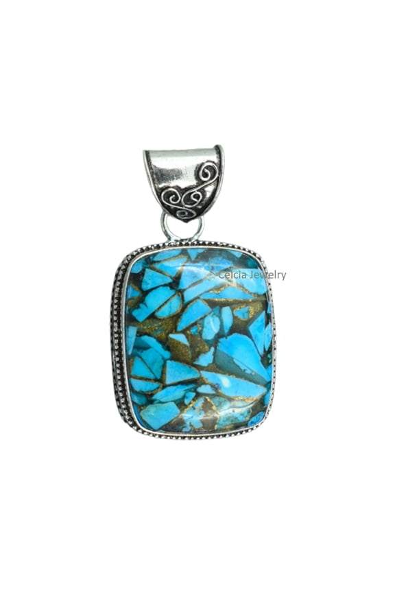 Pure 925 Sterling Silver Pendant For Men Women, Genuine Blue Copper Turquoise Cabochon Gemstone Amazing Handcrafted Pendant For Her Him
