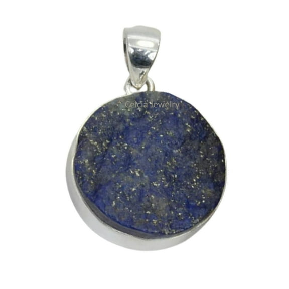 Pure 925 Sterling Silver Pendant For Men Women, Genuine Blue Lapis Lazuli Round Rough Gemstone Unique Handcrafted Pendant For Her Him