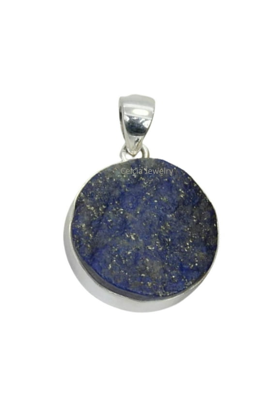 Pure 925 Sterling Silver Pendant For Men Women, Genuine Blue Lapis Lazuli Round Rough Gemstone Unique Handcrafted Pendant For Her Him