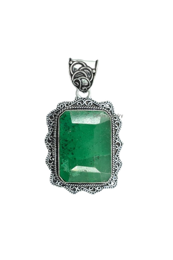 Pure 925 Sterling Silver Pendant For Men Women, Genuine Emerald Faceted Green Gemstone Unique Handcrafted May Birthstone Pendant