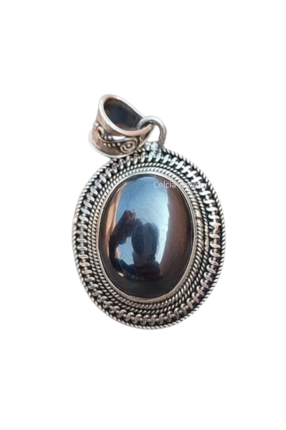 Pure 925 Sterling Silver Pendant For Men Women, Genuine Hematite Cabochon Oval Gemstone Unique Handcrafted Designer Pendant For Her Him
