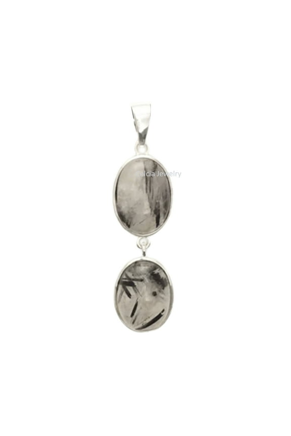 Pure 925 Sterling Silver Pendant For Men Women, Genuine Oval Black Rutile Quartz Double Gemstone Unique Handcrafted Pendant For Her Him