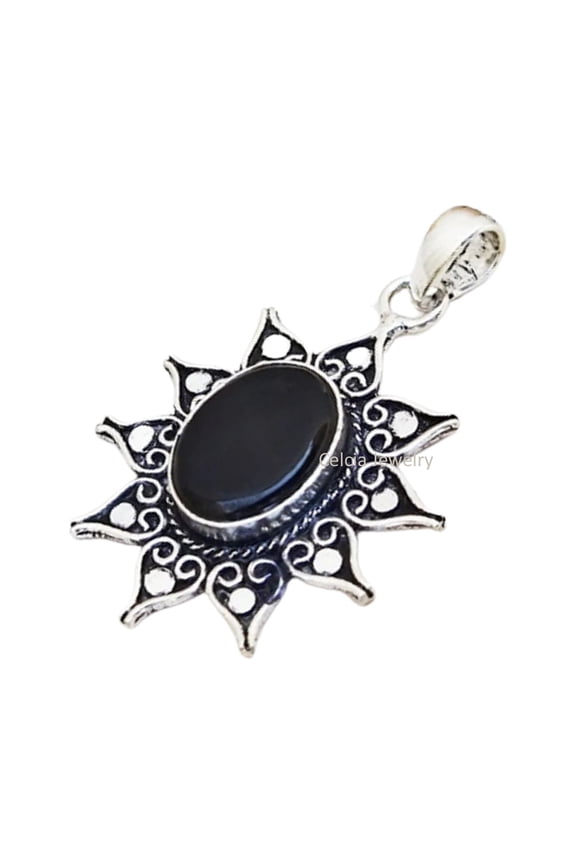 Pure 925 Sterling Silver Pendant For Women Men, Genuine Black Onyx Cabochon Round Gemstone Amazing Handcrafted Jewelry For Her Him