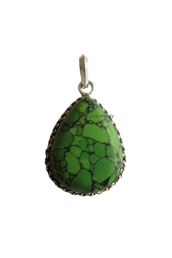 Pure 925 Sterling Silver Pendant For Women Men, Genuine Green Turquoise Cabochon Pear Gemstone Unique Handcrafted Pendant For Her Him