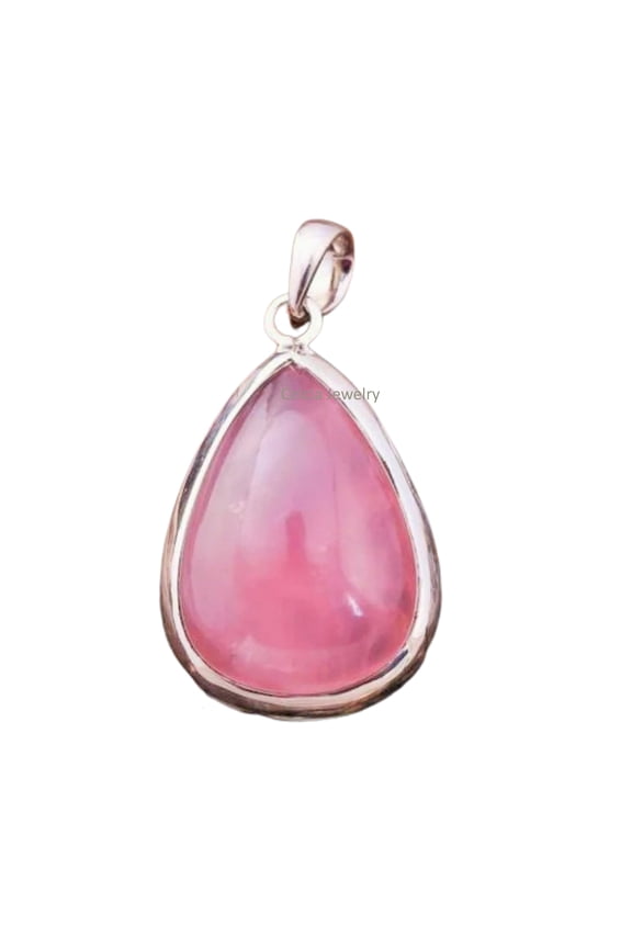 Pure 925 Sterling Silver Pendant For Women Men, Genuine Rose Quartz Cabochon Pear Gemstone Unique Handmade October Birthstone Jewelry