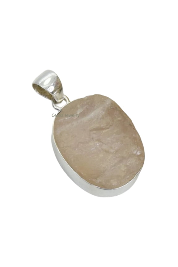 Pure 925 Sterling Silver Pendant For Women Men, Genuine Rose Quartz Rough Pink Gemstone Unique Handcrafted October Birthstone Jewelry