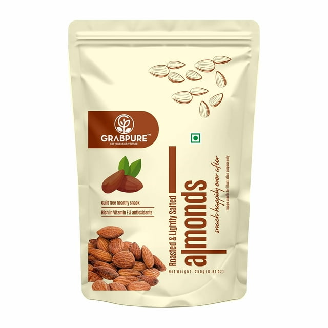 Pure Almonds Roasted Lightly Salted By Grabpure 200gm, | Rich In Fiber Perfect For Brain Healthy & Delicious Snack Dry Fruits | 7.0 Ounce